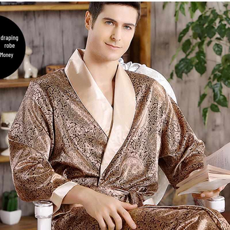 Men's Plus Size Lightweight Long-Sleeve Silk Pajama Robe