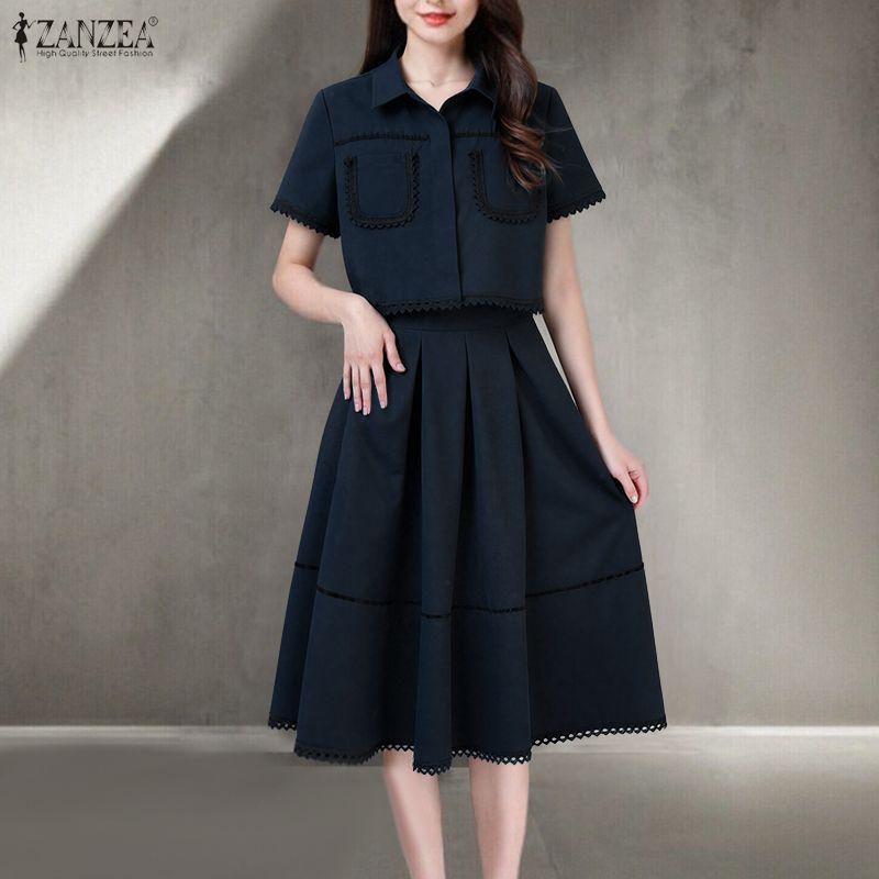 ZANZEA Women Short Sleeve Blouse and A-line Skirts Casual Two Piece Suit Sets