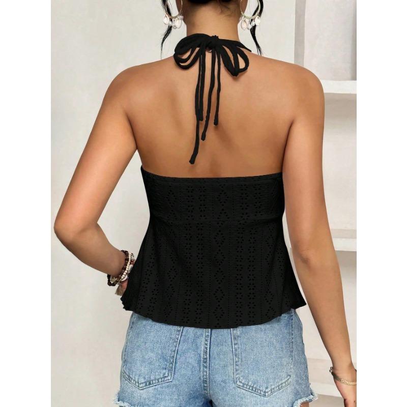Womens V Neck Wrap Tank Top With Eyelet Embroidery Spaghetti Strap Casual Peplum Sleeveless Blouse