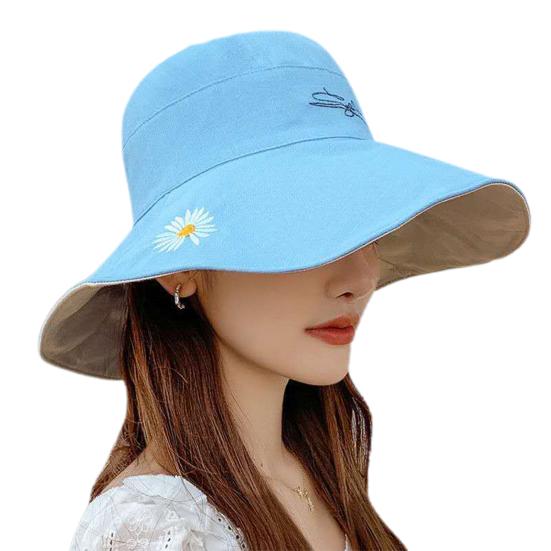 Women Summer Reversible Marguerite Embroidery Sun Protection Hat Fisherman Cap