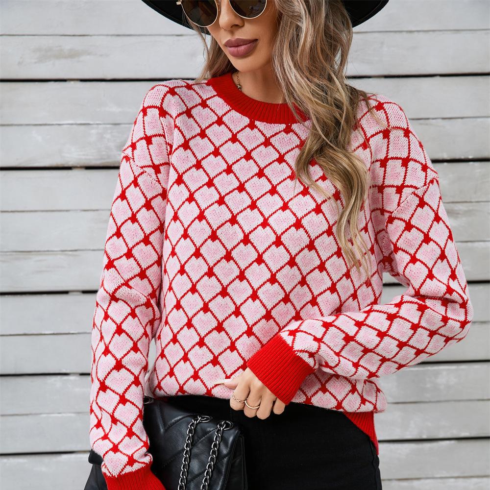 2025 Autumn New Sweater Round Neck Pullover Plus Size Small Peach Heart Sweater Women