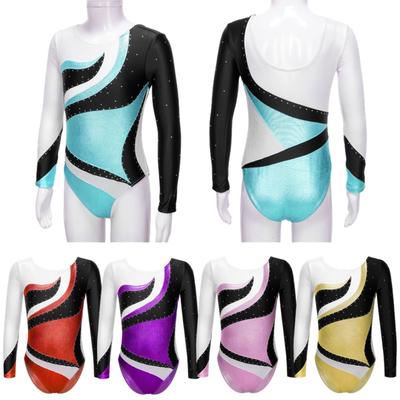 Kids Girls Shiny Rhinestone Decor Gymnastics Leotard Round Neck Long Sleeve Fitness Dance Bodysuit Outfit