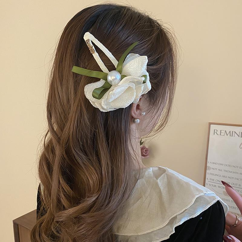 Early spring pearl bow mesh flower hairpin female fresh and sweet versatile BB clip atmosphere side clip hair accessories
