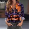 Neues Damen Halloween 3D Totenkopf Kürbis Print Langarmshirt Trendig Locker Mode Lässig Knopf Revers Bluse Partyhemden