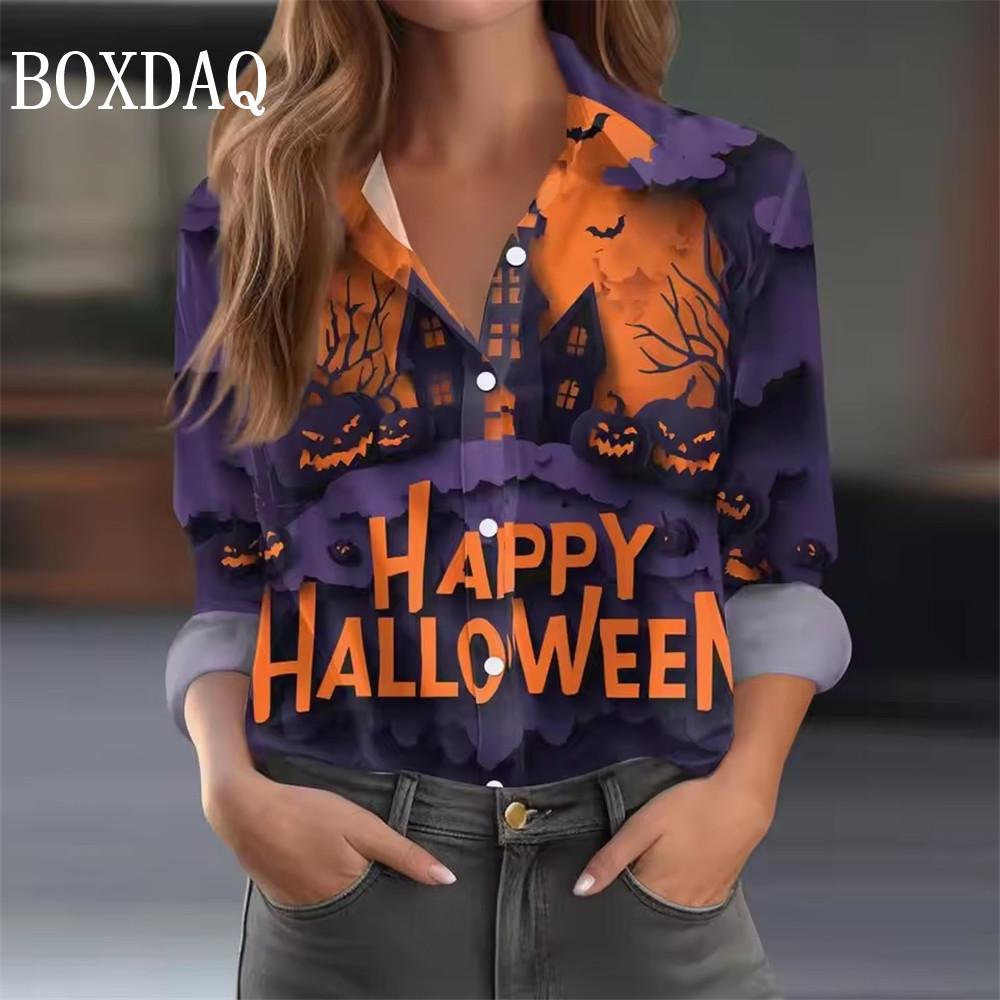 New Women s Halloween 3D Skull Pumpkin Print Long Sleeve Shirt Trendy Loose Fashion Casual Button Lapel Blouse Party Shirts S