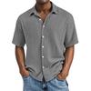 Men Light Blue Short Sleeve Button Down Shirt Casual Striped Linen Look Shirt