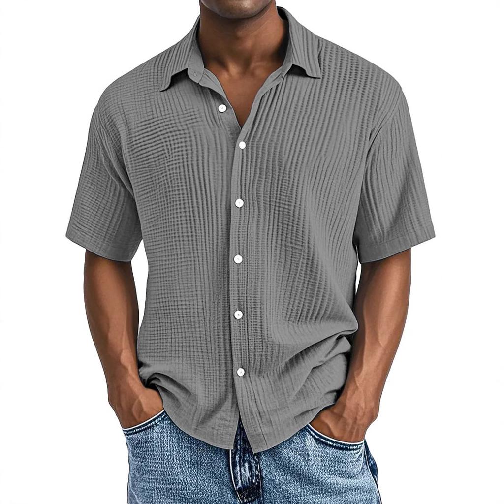 Men Light Blue Short Sleeve Button Down Shirt Casual Striped Linen Look Shirt