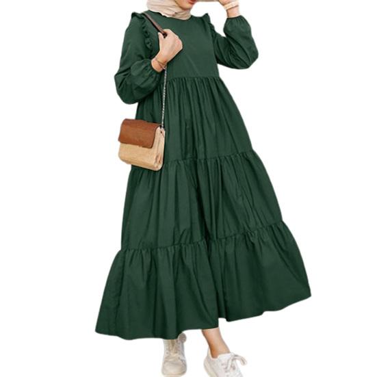 

Свободное платье макси с широким подолом, средней талией, круглым вырезом, длинными рукавами и оборками для работы L зелёный