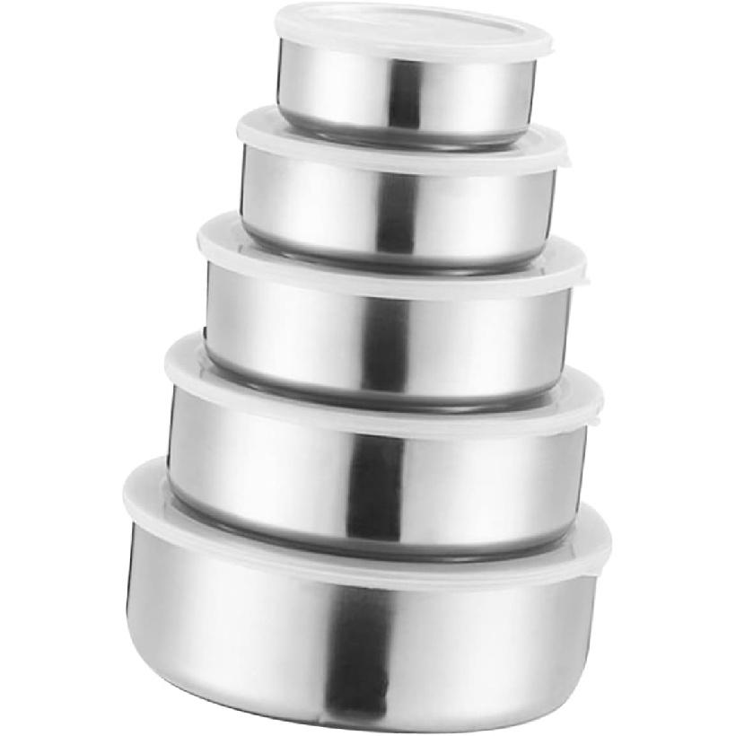 5 Set of Stainless Steel Fresh-Keeping Boxes with Lids, Round Sealed Bowls,Used to hold fruits, vegetables, and snacks kitchen accessories