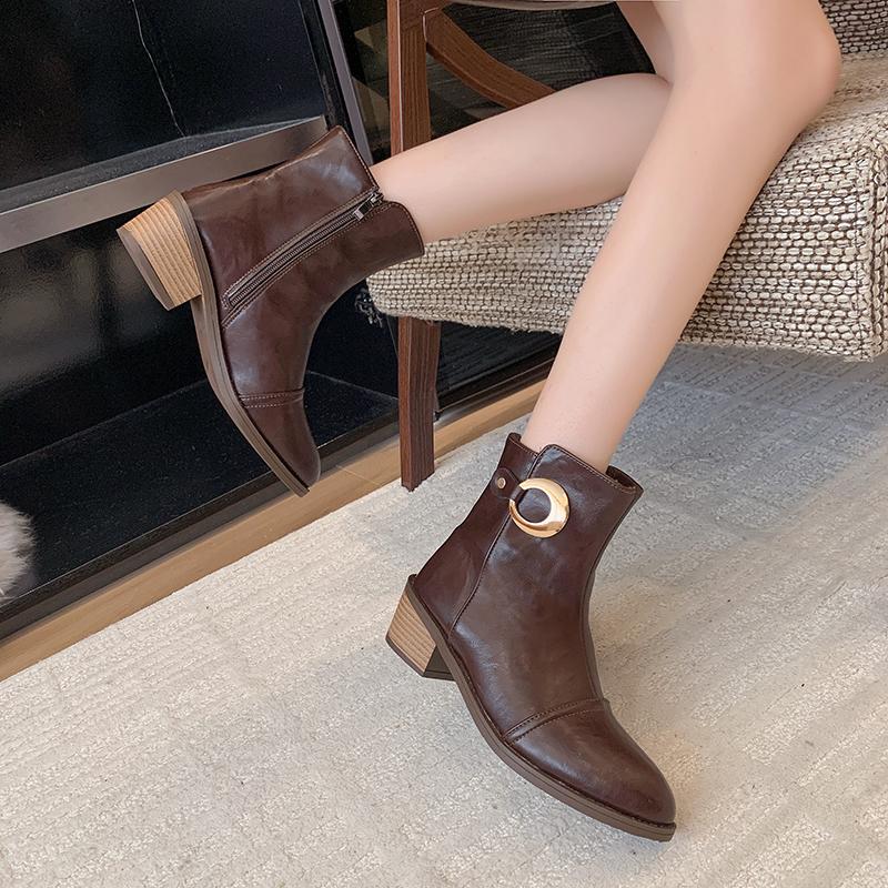 Paneled Booties  Spring and Autumn New Pointed Toe Side Zipper Metal Buckle Soft Sole Non-slip Block Heel Shoes