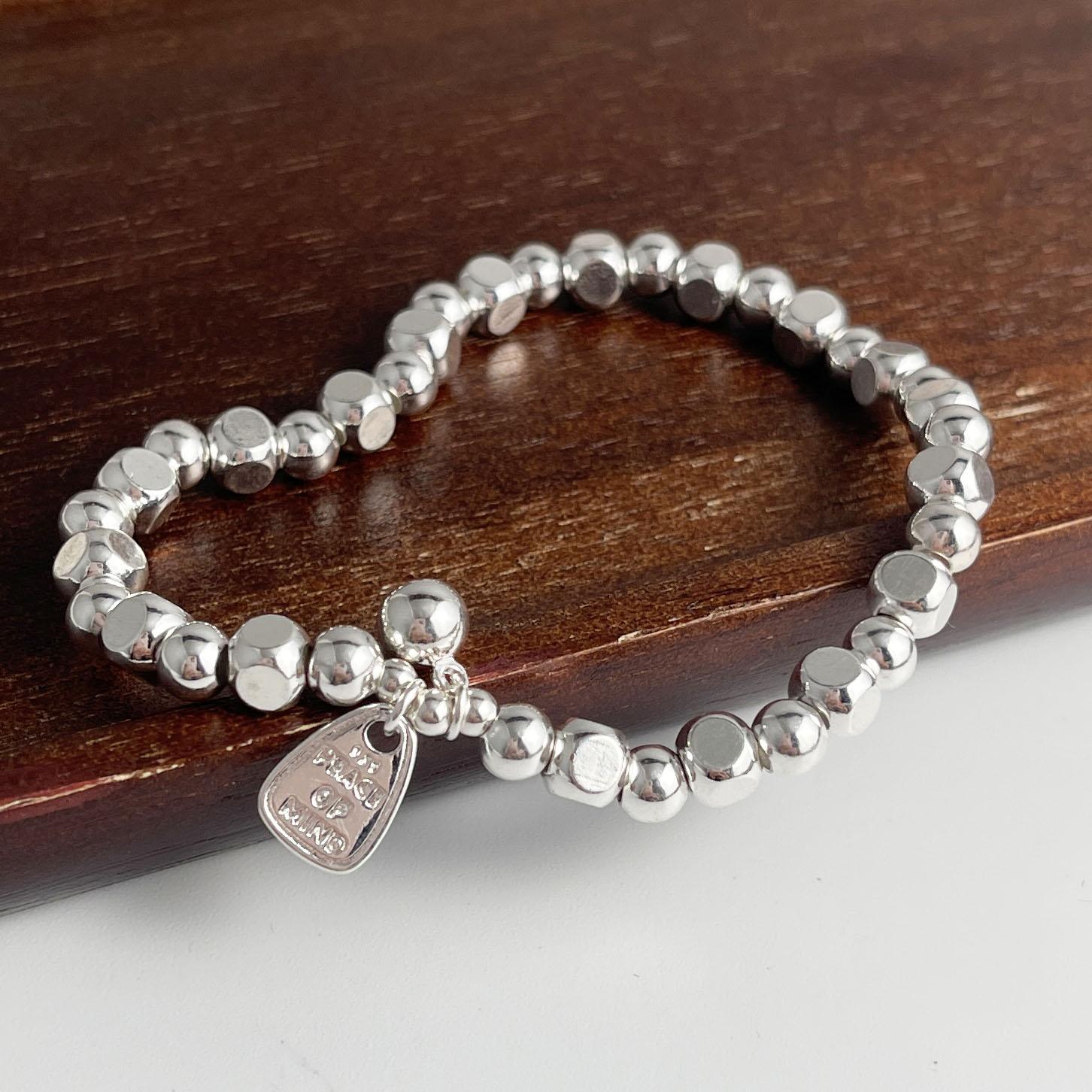 

100% Solid 925 Sterling Silver Retro Bracelet for Women Men Vintage Handmade Stone Ball Simple Bracelet Birthday Gift