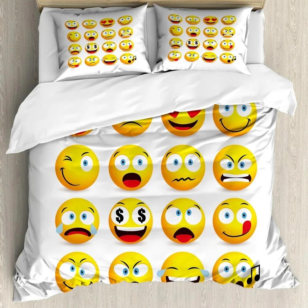Humor Bettbezug-Set, Viele Emoticons Verschiedene Ausdrücke Alien Erbrechen Verprügelt Verliebt Vampir, Bettwäscheset King Size, Gelb