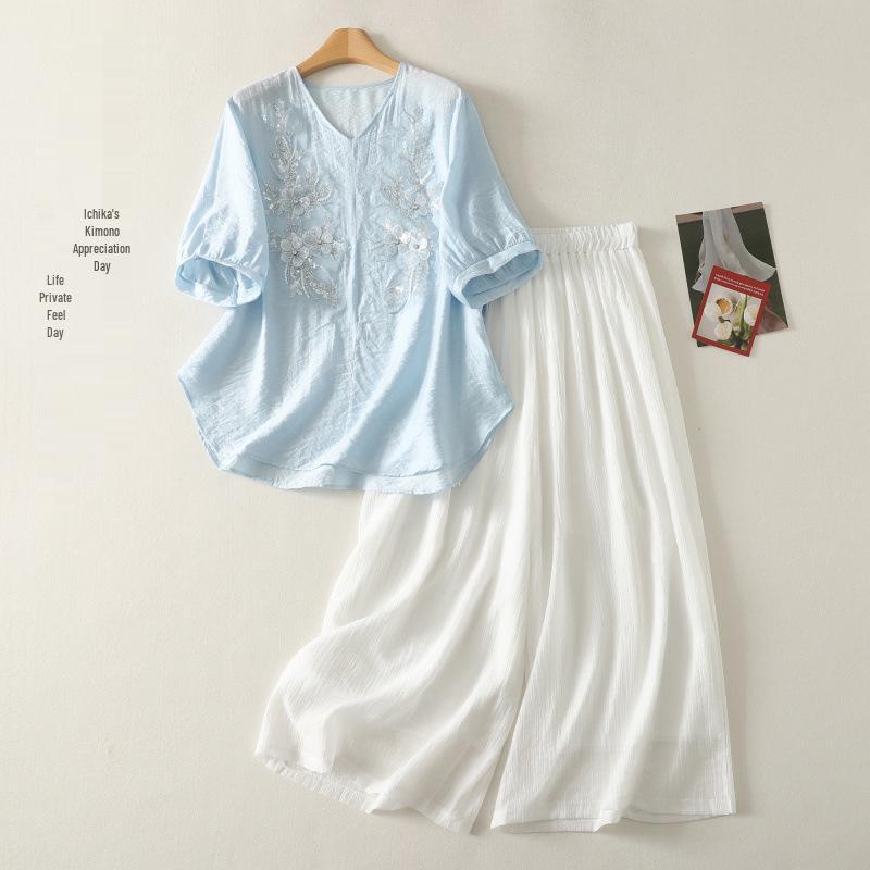 

2026 Summer V-neck Tencel Beaded Embroidery Top & Wide-leg Pants Set L