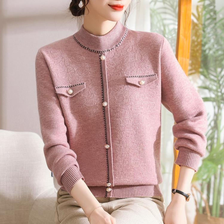 Middelaldrende Mor Høst og Vinter Dameklær Halvhøy Hals Genser Utenlandsk Stil Fløyel Fortykket Strikket Underskjorte Topp