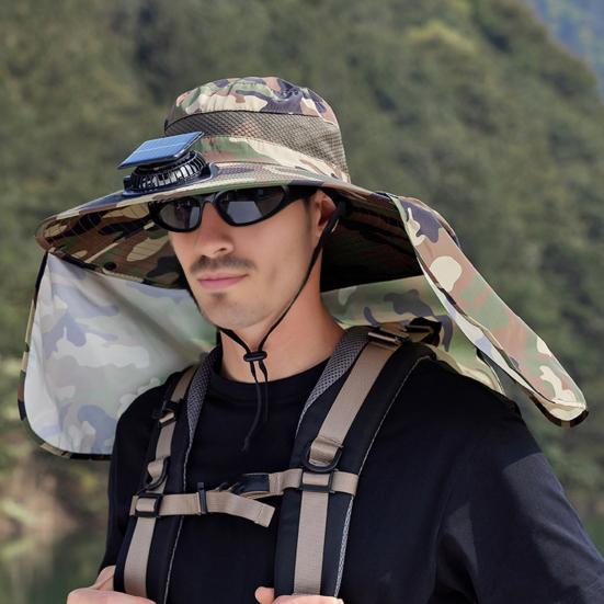 Camouflage Print Sun Hat Wide-Brimmed Shawl Fishing Hat with Dual-Power Fan Design 3 Gear Adjustable UV-Protection Outdoor Hat