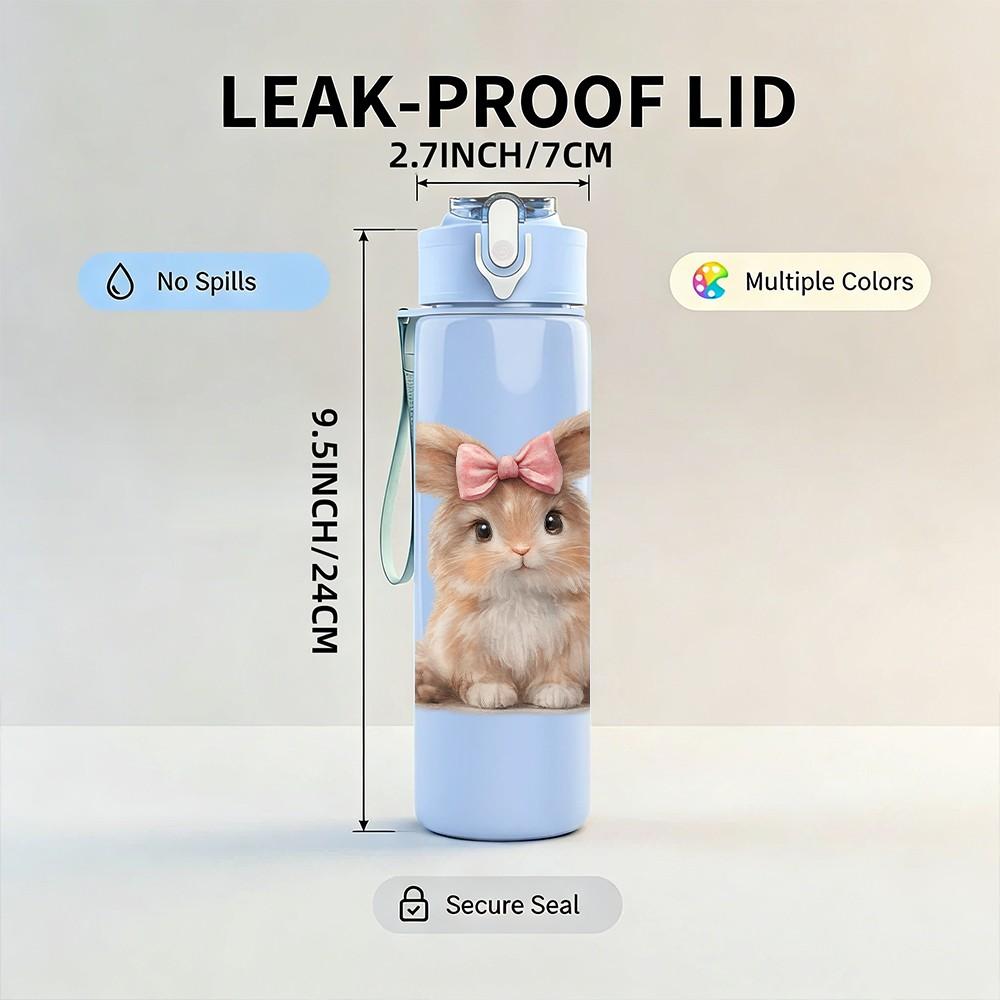 1PC Bow Ear Brown Bunny Animal Print 750ml Color Plastic Sports Water Bottle Leakproof Flip Straw Lid Suitable for Sports Office Home Use