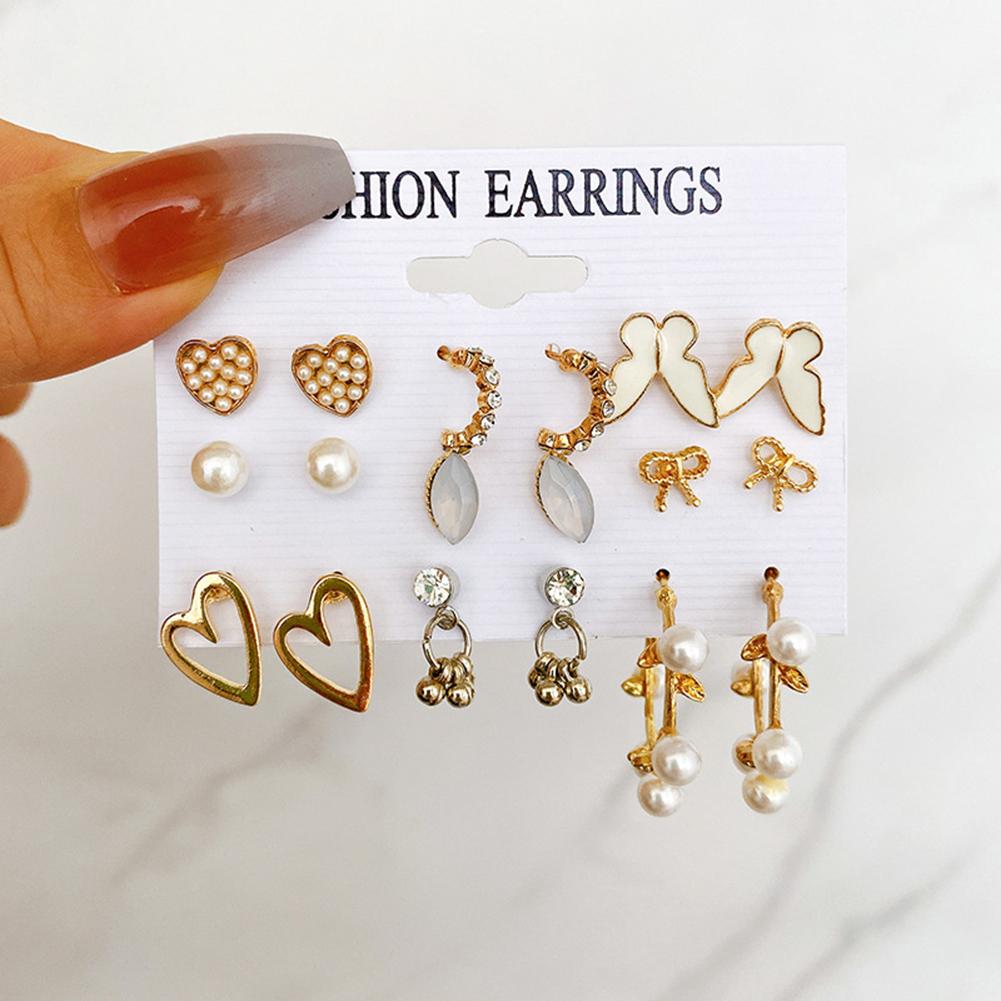 9 Pairs Women Earrings Butterfly Heart Geometric Ear Stud Creative Retro Crystal Pearl Earrings For Gift