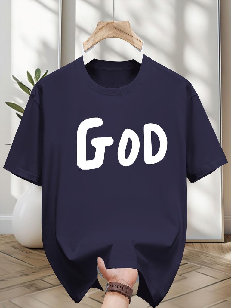 Niuwang Selection 200g 100% Cotton Short Sleeve T-shirt - Navy Blue Bold 'GOD' Graphic Print