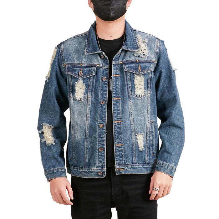 Xintang Ripped Distressed Men's Denim Jacket - Loose Long Sleeve Streetwear Outerwear for Spring
