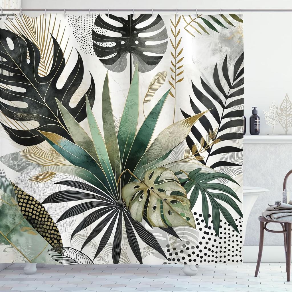 Tropischer Blatt-Duschvorhang Mit Monstera- Und Palmen-Design Modernes Boho-Badezimmer-Dekor Grün-Schwarz-Gold-Farbpalette Künstlerisch