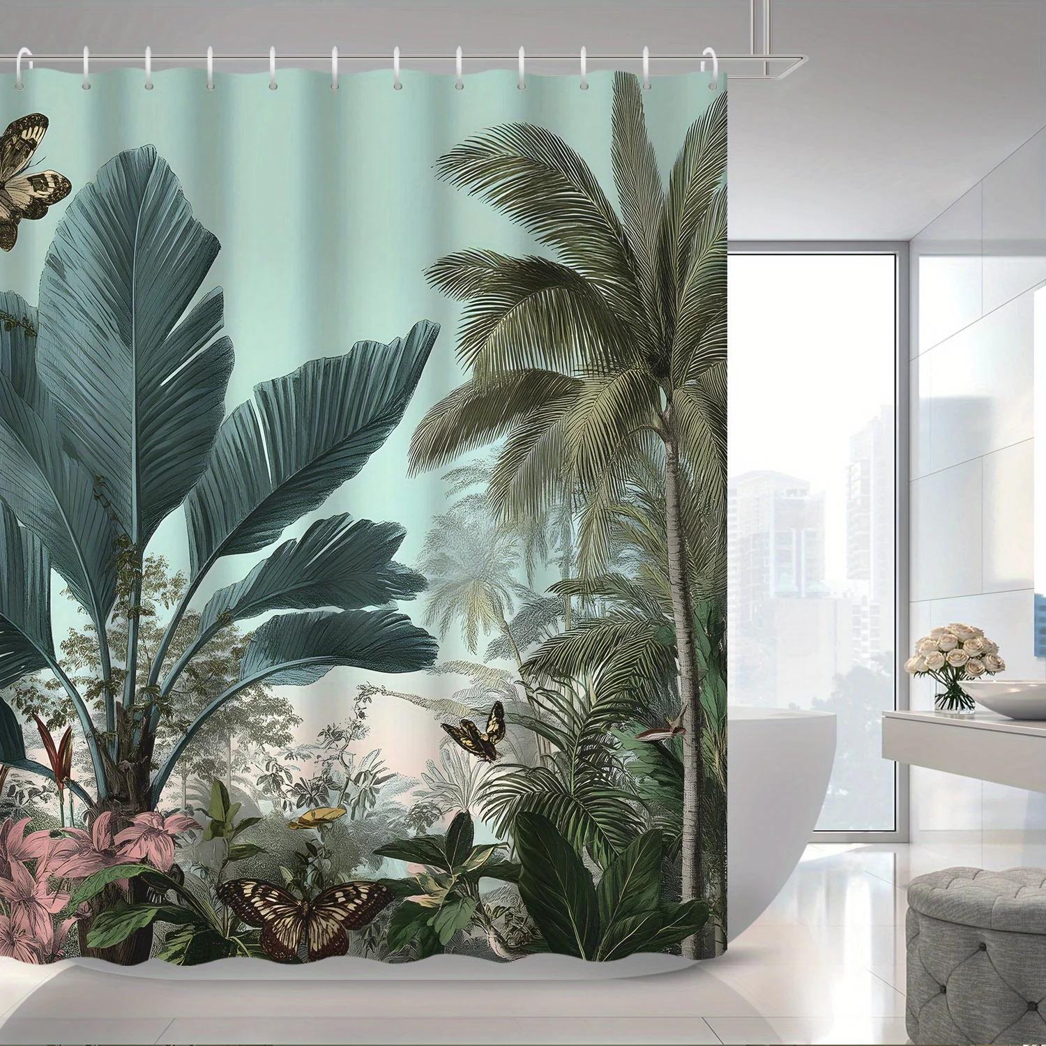 

1pc Tropical Rainforest Forest Banana Leaf Palm Leaf Plant And Butterfly Print Shower Curtain Partition Curtain W90xH180cm