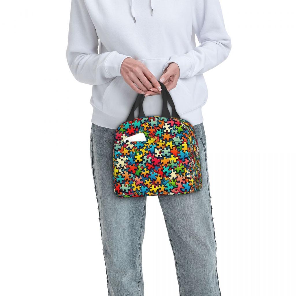 Autism Awareness Colorful Puzzle Piece Print Insulated Lunch Bag for Women Kids Portable Food Boxes Thermal Lunch Box Tote