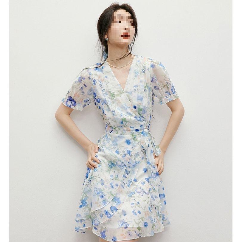 Red-sleeved Sweet Floral Dress, Summer New Women's Clothing, Bubble-sleeved Chiffon Skirt, a Live Stream Explosion