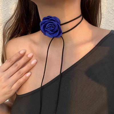 Women's Vintage Velvet Collar Long Choker Necklace Adjustable Rose Flower Camellia Flower Bohemian