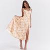 Women Fashion High Waist V Neck Backless Spaghetti Strap Print Ankle Length Trendy Design Dress