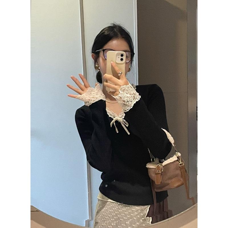 

Tender pink collar lace spliced wool knitted sweater for women s autumn and winter waist and thin inner top, high-end bottoming shirt L чорний