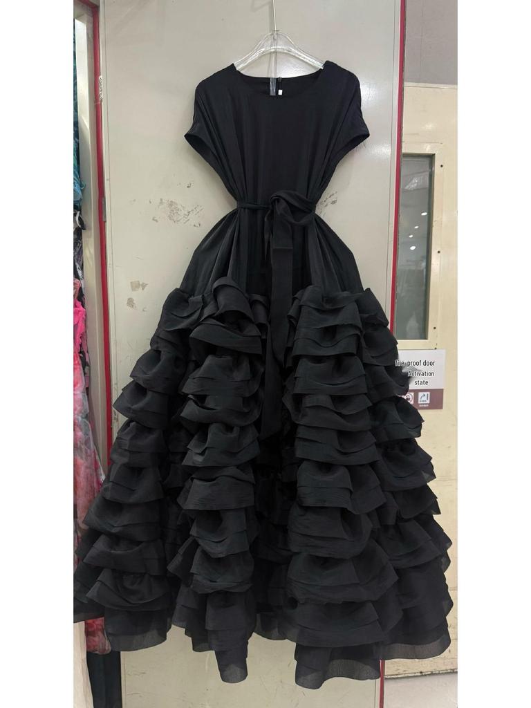 Elegant French Ruffle Waist-Cinching Patchwork Pleated Cake Skirt with Lace-Up Detail