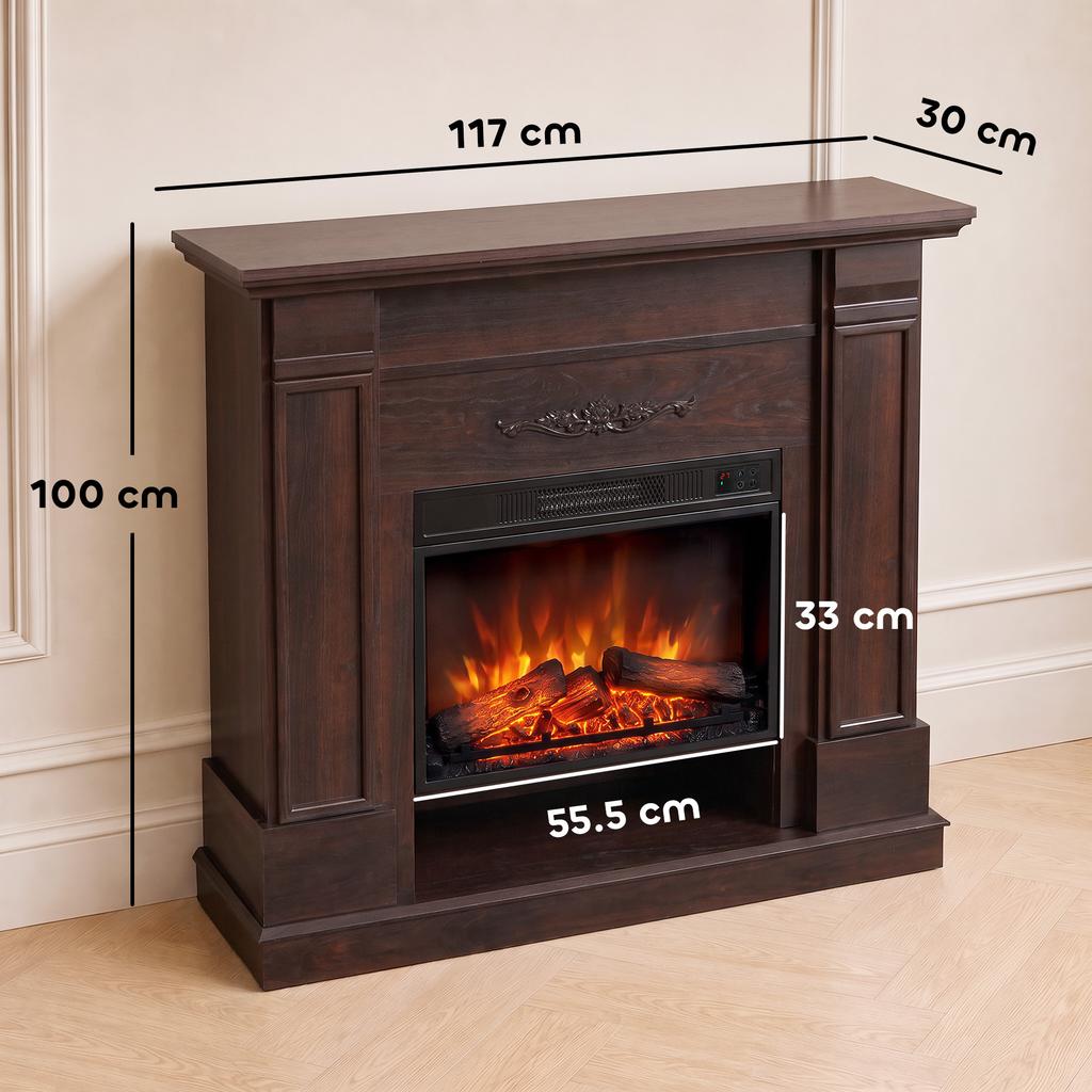 Electric Fireplace Floor/Recessed with Frame and Shelf for 55'' TV, 1800W, 3D Flame Effect, Timer, Brown