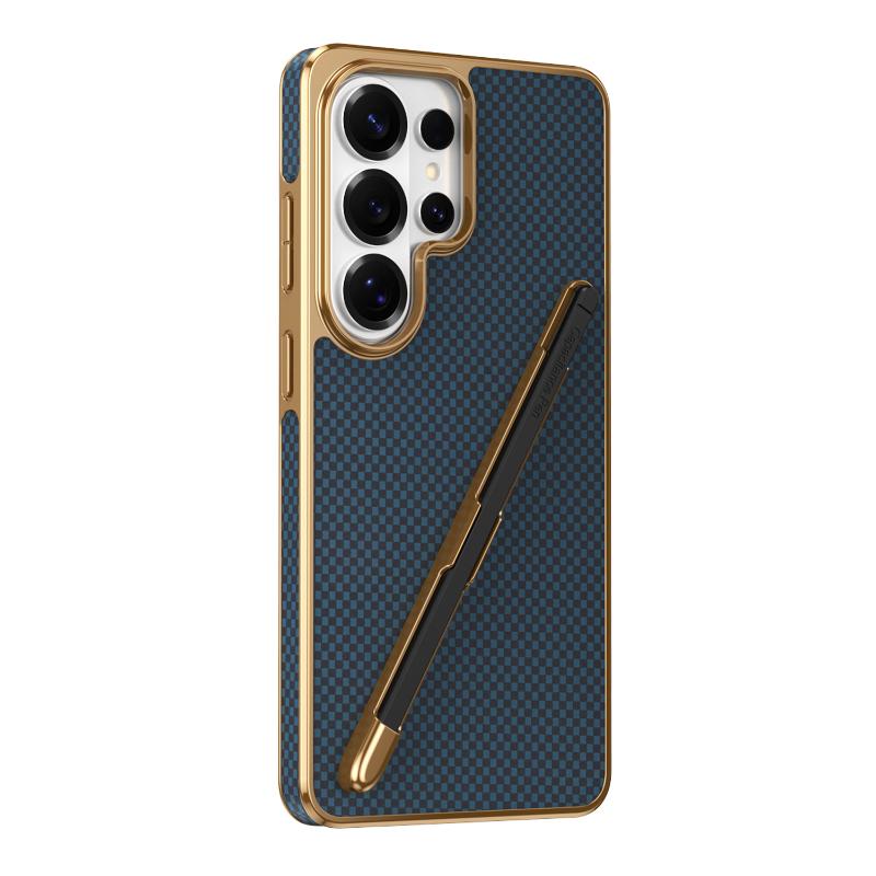 Plated Soft TPU+arbon Fiber Texture Artificial Leather Phone Case For Samsung S25 Ultra S26 S23 S22 S24 Ultra Plus With Touchpen