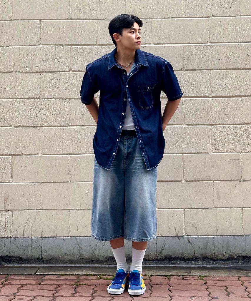 BLOND9 [Set] Pocket Half Denim Shirt + Bermuda Shorts Set
