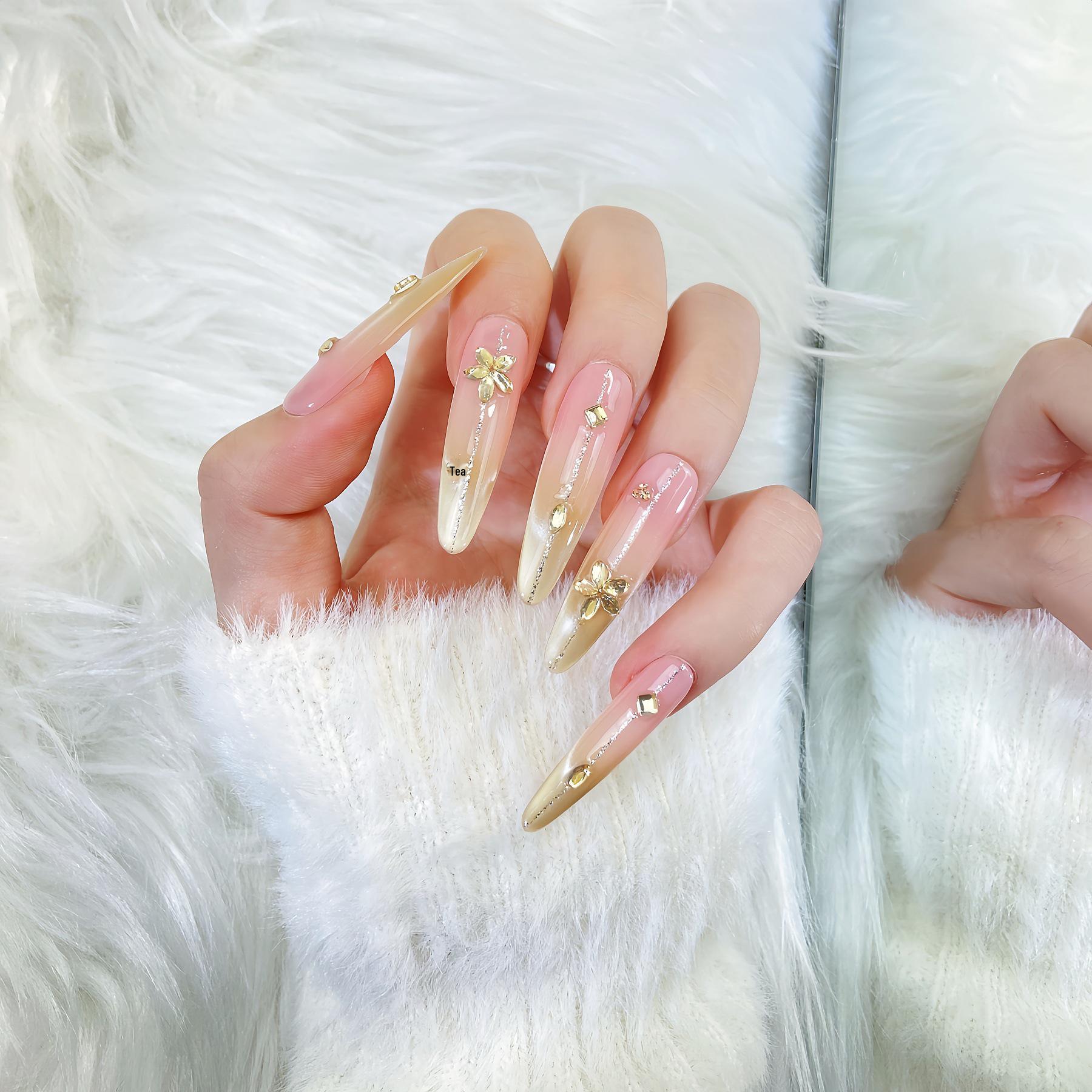 Rhinestone Cat Eye Nails - Retro Gold Brown Gradient, Luxury & Temperament Style