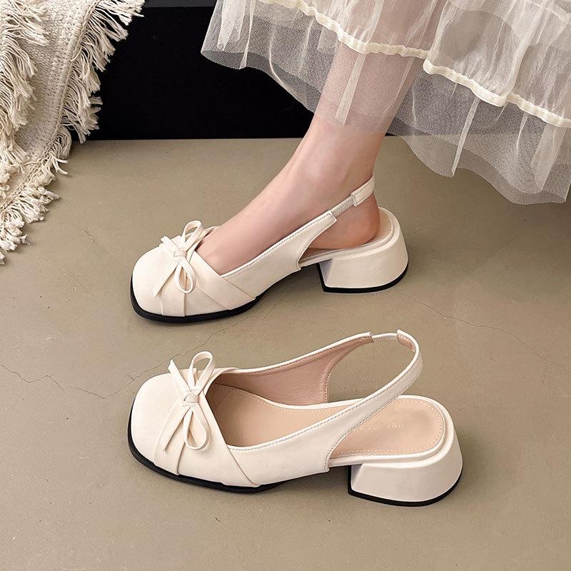 Fashion Pink Mary Jane Women's Shoes Thick Heel Summer New Bow Satin Bag Head Empty Sandals Women