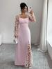Elegante Abito Maxi Floreale a Rete Patchwork, Scollo Quadrato, Manica Lunga, Vita Alta, per Donna