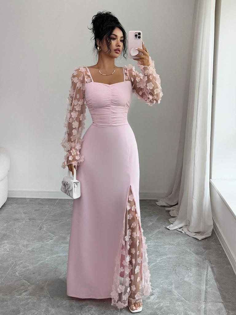 Elegante Abito Maxi Floreale a Rete Patchwork, Scollo Quadrato, Manica Lunga, Vita Alta, per Donna