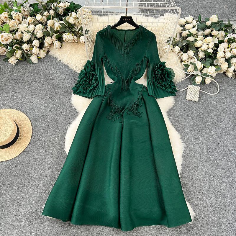 

European Style Tassels Slim-Fit Long Pleated Dress Gown Dark green All yards