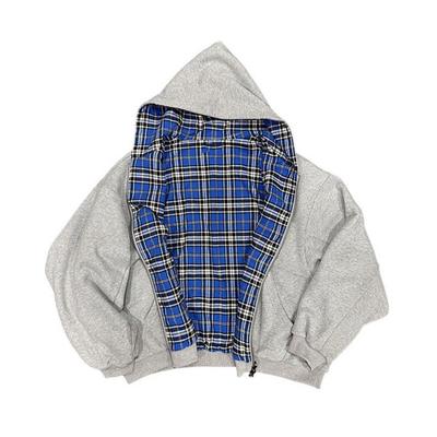 Grey Hooded Zipper Sweatshirt with Plaid Shirt Lining Layered Look
