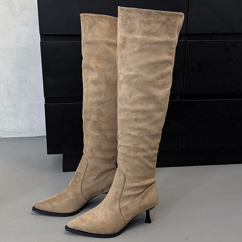 Over-the-knee Boots for Women Wear Big Tube Circumference 2025 Autumn and Winter New Suede Pointed Thin Heel High Heel Pleated Piled Boots
