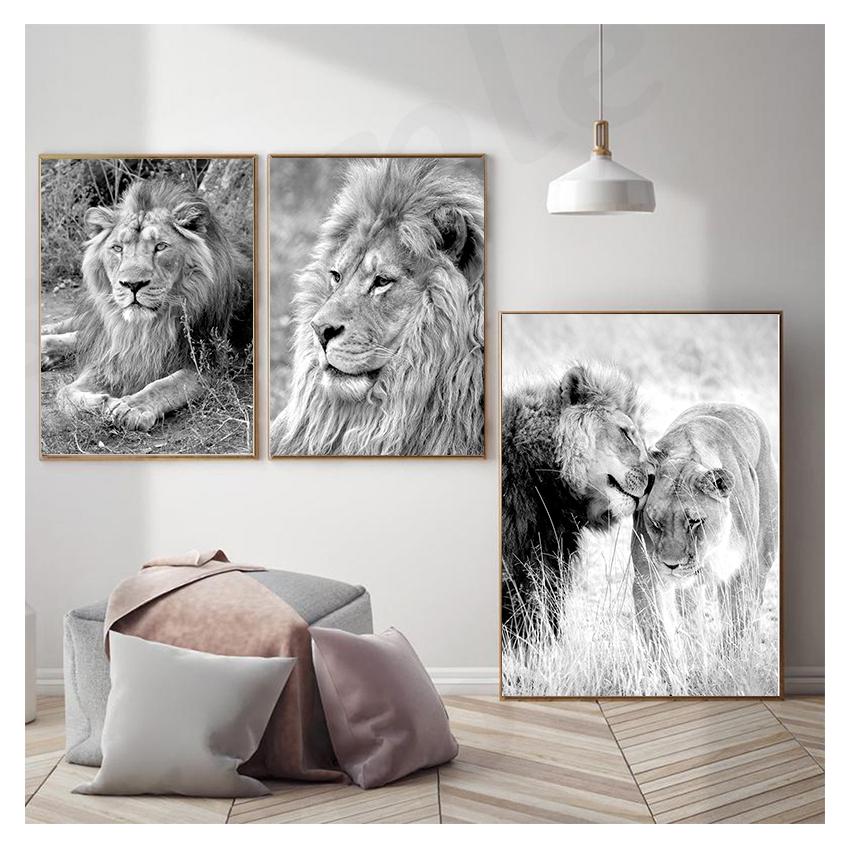 Malba Černá Bílá Plakáty a tisk Nordic Wall Art Obraz Moderní Obývací pokoj Dekorace Divoké zvíře Lev Leopard Plátno