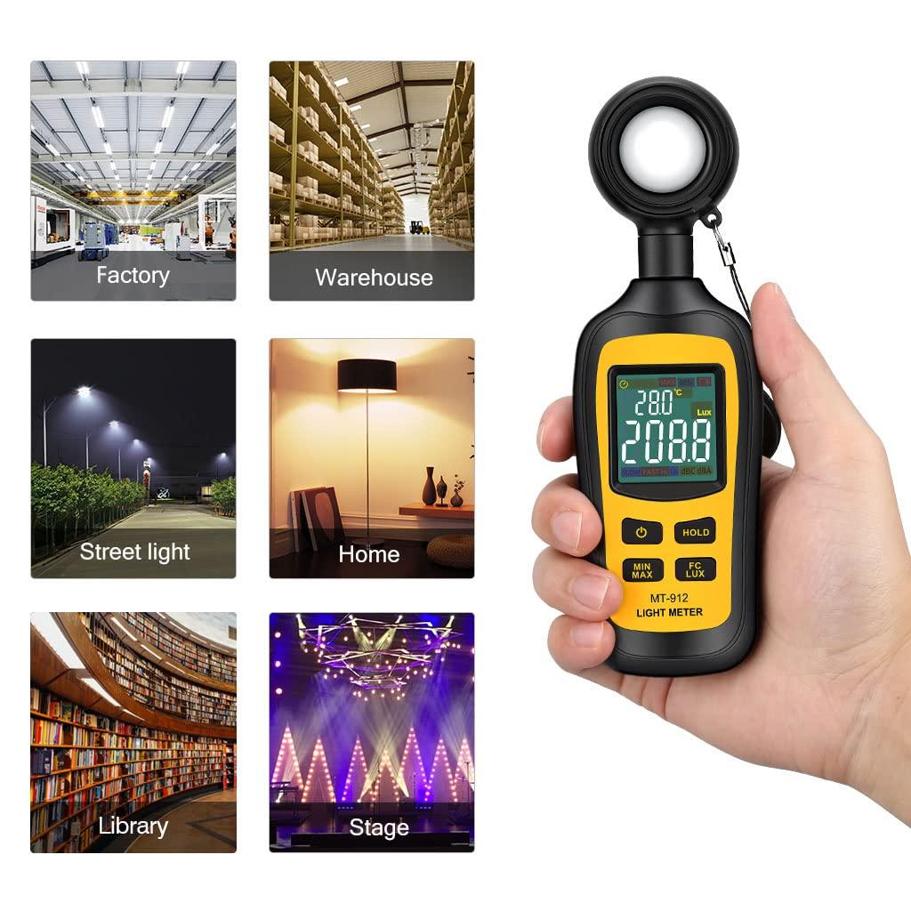 Light Meter Digital Illuminance Meter Handheld Ambient Temperature Measuring Instrument with a Maximum Range of Lux and Color LCD Screen 200,000
