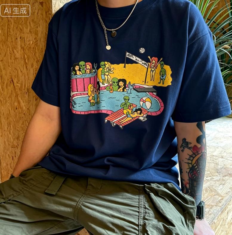 Bathing Aliens Cartoon Printing Funny T Shirts Unisex Loose Crewneck Summer Tees Short Sleeve Vintage Style Humor T Shirt