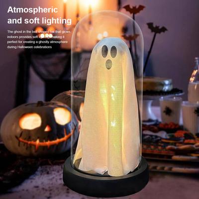 Light Up Ghost In Plastic Cloche Night Light Halloween Glowing Lamp Party Decoration Home Holiday Haunted House Horror Props