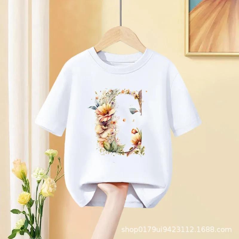Floral AZ Kids Tshirt 26 Letters Cute ABCD Cartoon Short Sleeve Tee for Girls Summer Fashion Polyester Fabric