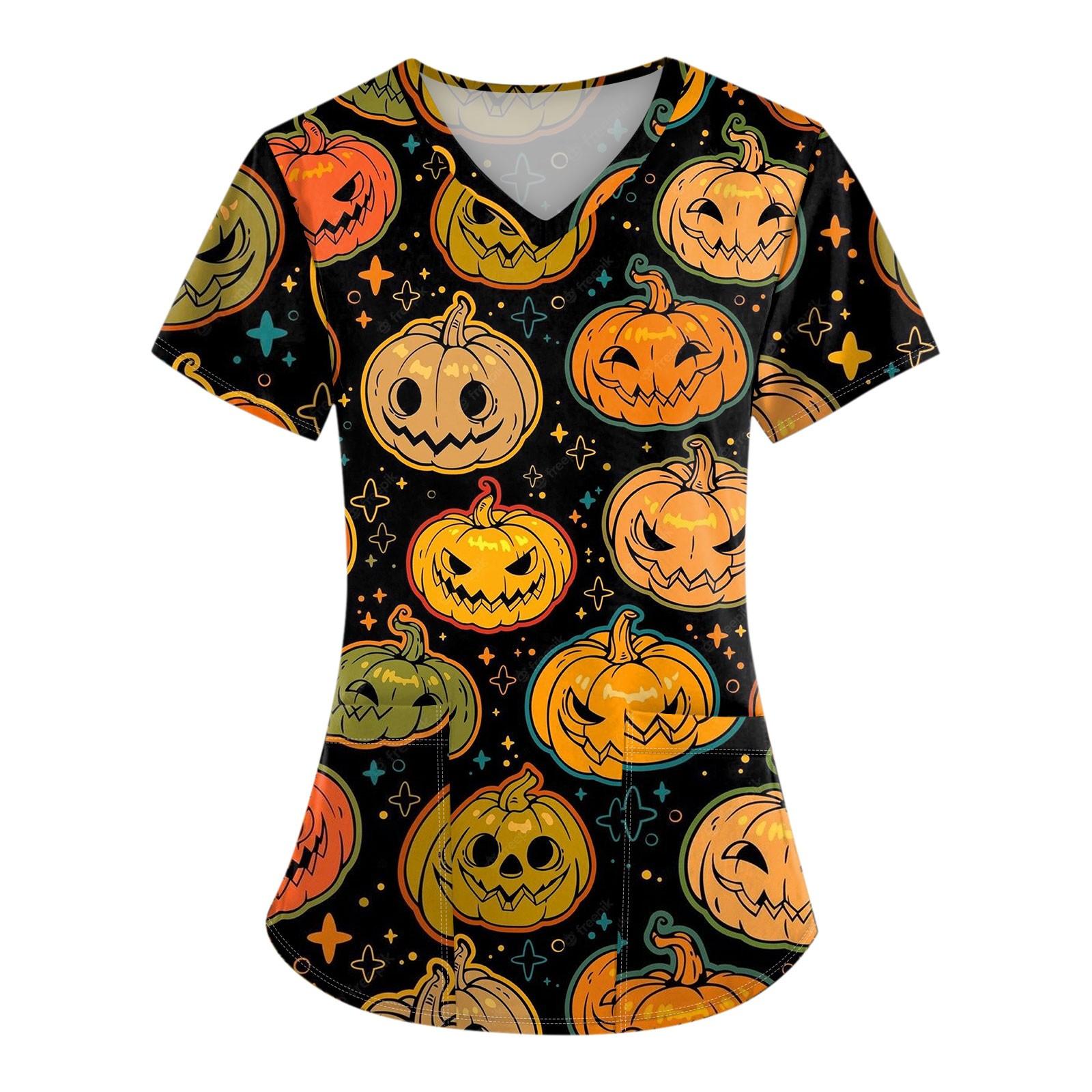 

Женская униформа с коротким рукавом и принтом на Хэллоуин с V-образным вырезом и карманом XXXL жёлтый