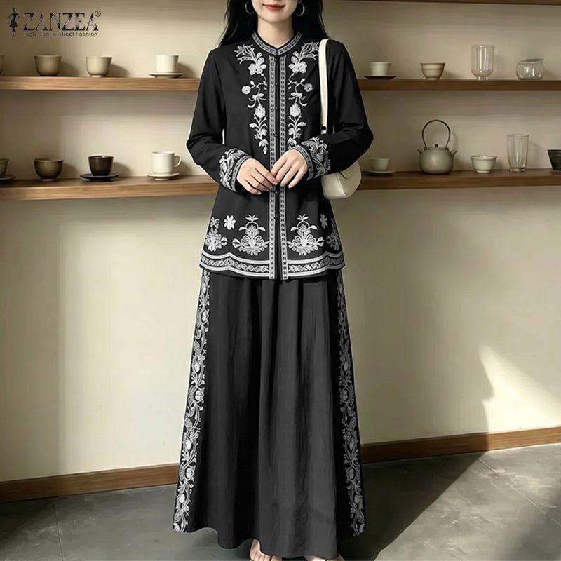 ZANZEA Women Ethnic Print Casual Long Sleeve Blouse and Long Skirts Two Piece Suit Set