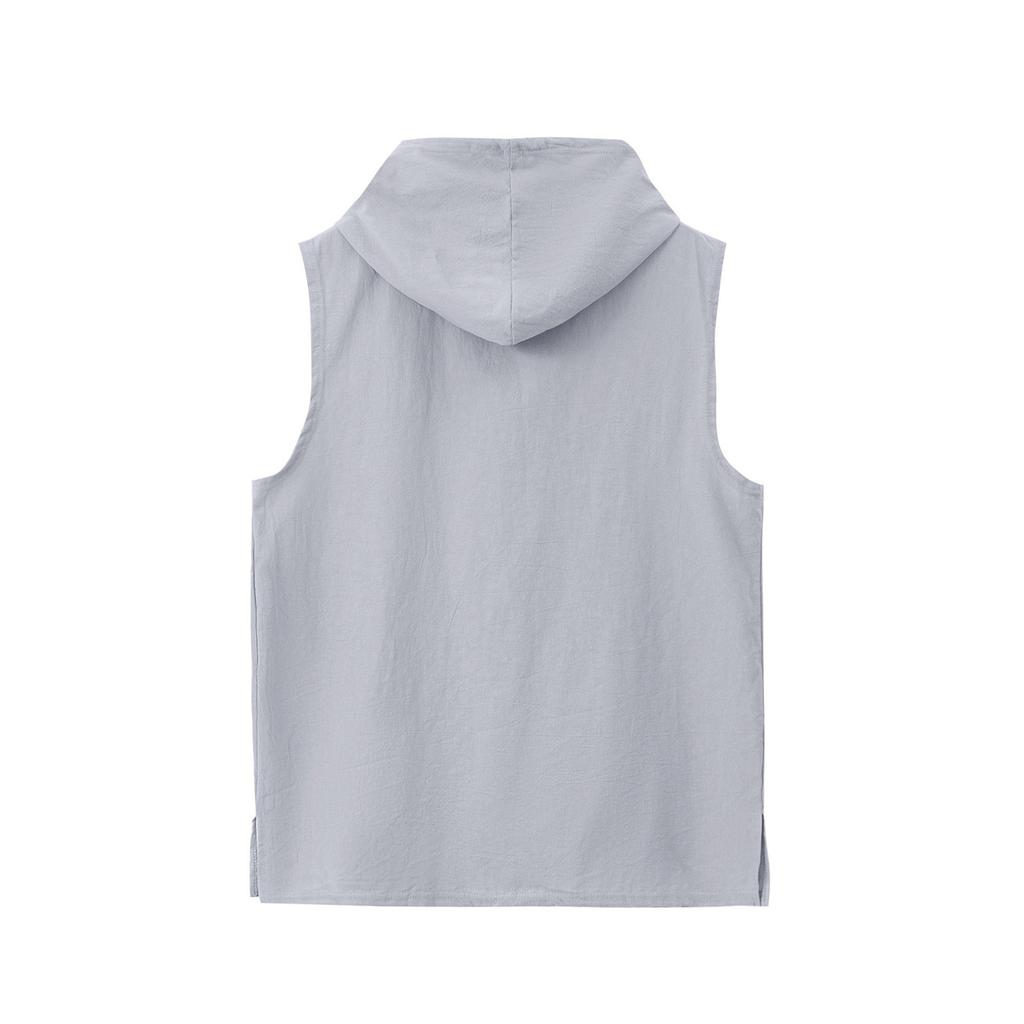 Men Sleeveless Hoodie Button Front Pullover Linen Cotton Blend Casual Vest with Kangaroo Pocket and Adjustable Drawstring Hood