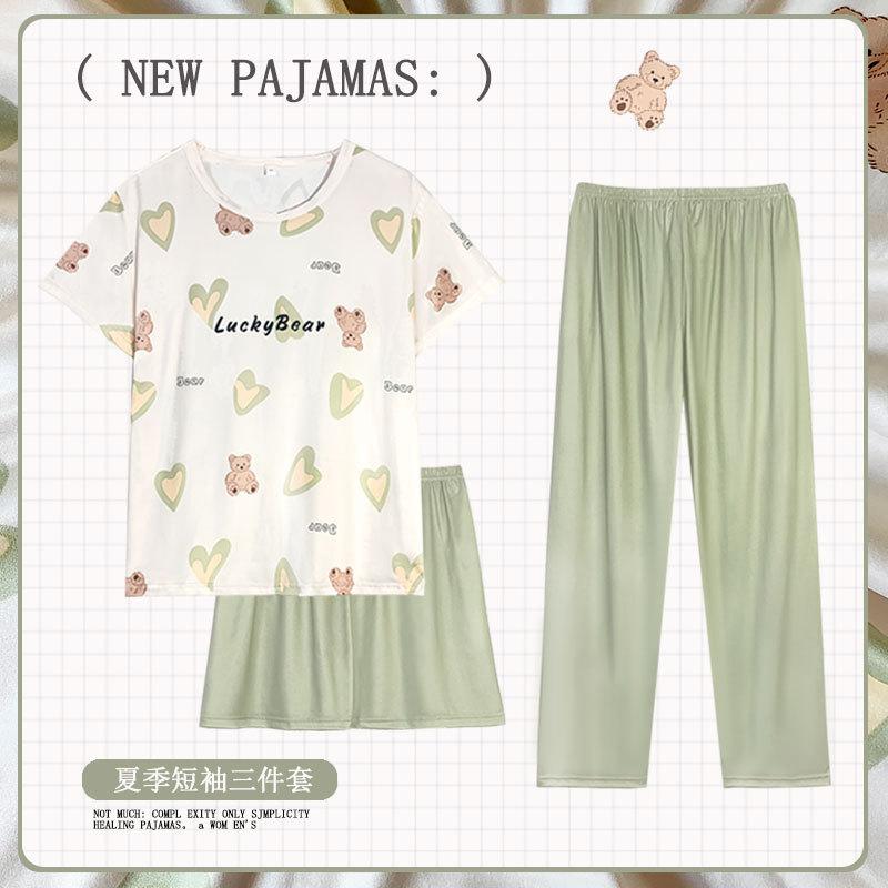 Straight Batch Sweet Cartoon Pajamas Women's Summer Crew Neck Short Sleeve Three-piece Comfortable Cotton Large Size Loungewear Tide